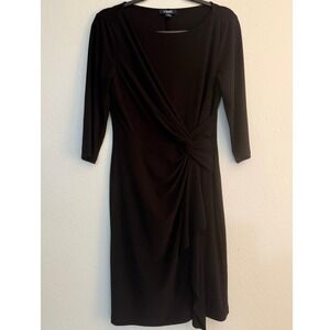 Chaps Womens Black Faux Wrap Knot Front Draped Sheath Dress Size M 3/4 Sleeve